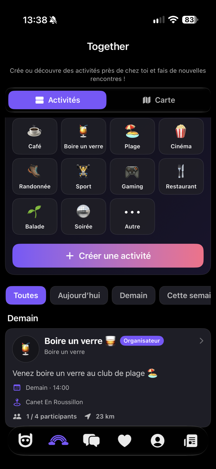 Capture de l’écran Activités de Together dans HidR